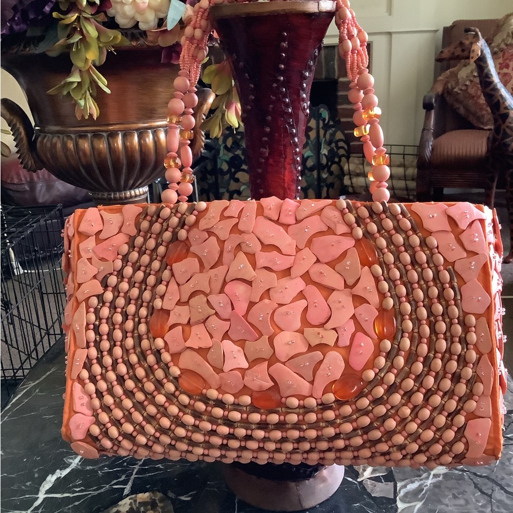 Large peachy orange genuine coral shell beaded strap tote bag 16x10
